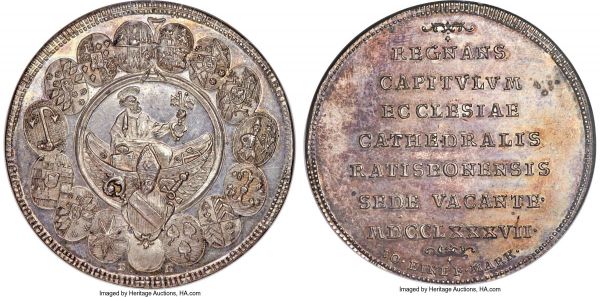 Lot 30319 > Regensburg - Bishopric. Sede Vacante Taler 1787-BK MS63 NGC, KM450, Dav-2606, Zepernick-250. The obverse features St. Peter seated in a fishing boat holding keys with a coat-of-arms below and a border of 15 coats-of-arms surrounding. A solidly choice medallic taler, bold throughout the ornate devices, with a handsome display of mauve derivative and underlying luster.