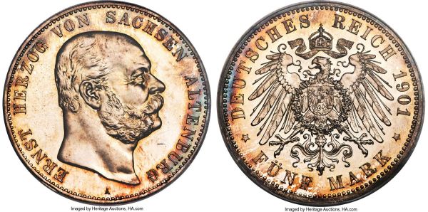 Lot 30320 > Saxe-Altenburg. Ernst I Proof 5 Mark 1901-A PR66 Cameo PCGS, Berlin mint, KM38. A charming piece with natural dark toning along the edges and clear mirroring expressed in its carefully handled fields throughout. A notably scarcer 5 Mark issue, and even more impressive when located in this top-tier condition. 