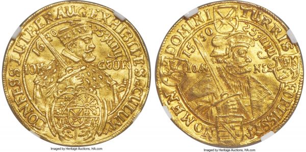 Lot 30321 > Saxony. Johann Georg I gold 2 Ducat 1630 AU58 NGC, KM421, Fr-2701. 6.94gm. Created for the 100th anniversary of the Augsburg Confession, this double ducat issue is struck on a slightly wavy flan (a feature that appears to be relatively common for the type) and displays a boldness and quality of detail so as to appear essentially Mint State. Highly attractive and a near-perfect substitute for similar examples certified in higher (and consequently more expensive) grades. Sold with old collector's tag. 