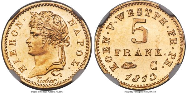 Lot 30323 > Westphalia. Jerome Napoleon gold Proof Restrike 5 Franken 1813-C (1867) PR64 NGC, Kassel mint, cf. KM-C32.1, D&S-220. Plain edge. A scarce restrike issue, produced to a high standard with crisp details and attractive die-polished fields. 
