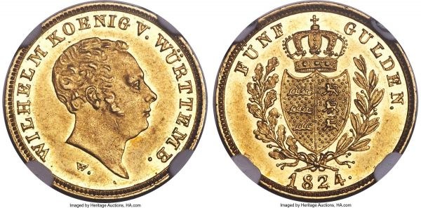 Lot 30325 > Württemberg. Wilhelm I gold 5 Gulden 1824-W AU58 NGC, Stuttgart mint, KM562, Fr-3613. Only an even scattering of light handling across the lustrous fields point to any circulation, while detail in the devices remains strong to even the highest points. Quite scarce and highly collectible bordering so close to Mint State condition. Sold with old collector's tag.