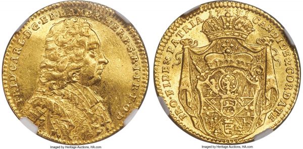 Lot 30327 > Wurzburg. Friedrich Karl gold Ducat 1731 AU55 NGC, KM305, Fr-3711. An appealing selection this lesser-seen 18th century ducat type that retains ample mint luster over surfaces showing only light signs of circulation. As is often the case, the flan displays slight crinkling, a feature to be wholly expected with many of these thinner ducat issues. Sold with small collector's tag. 