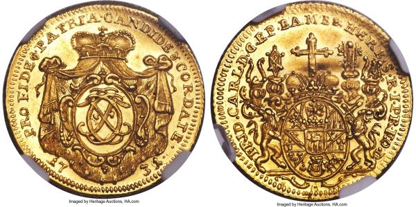 Lot 30328 > Wurzburg. Friedrich Karl gold Ducat 1731 UNC Details (Bent) NGC, KM297, Fr-3712. A lovely selection of this fleeting issue, listed without values in the Standard Catalog of World Coins, whose surfaces remain positively awash with golden brilliance that cascades over the fields with ease. The noted bend fortunately remains on the gentler side, allowing for ample appreciation between the impressive surface preservation and intricately engraved detail throughout.