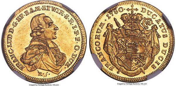 Lot 30329 > Wurzburg. Franz Ludwig gold Ducat 1780 MS63 NGC, KM421, Fr-3734. A shimmering gold ducat displaying sound surface preservation and intricate detail to the highest points. As a type, difficult in choice condition. 