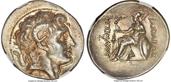 Lot 30033 > THRACIAN KINGDOM. Lysimachus (305-281 BC). AR tetradrachm (32mm, 17.02 gm, 12h). NGC Choice AU S 5/5 - 4/5, Fine Style. Pergamum, ca. 287/6-282 BC. Diademed head of deified Alexander III right, with horn of Ammon; K below, dotted border / BAΣIΛEΩΣ / ΛYΣIMAXOY, Athena seated left, Nike crowning royal name in right hand, resting left arm on grounded shield decorated with gorgoneion head boss, transverse spear in background; N in outer left field, archaic xoanon (cult image) in inner left field, crescent left in exergue. Thompson 225. Meydancikkale 2679. Müller 290 (uncertain Thrace).  The K-signed dies of Pergamum are often considered the finest style tetradrachm issue of Lysimachus. According to H.A. Cahn (