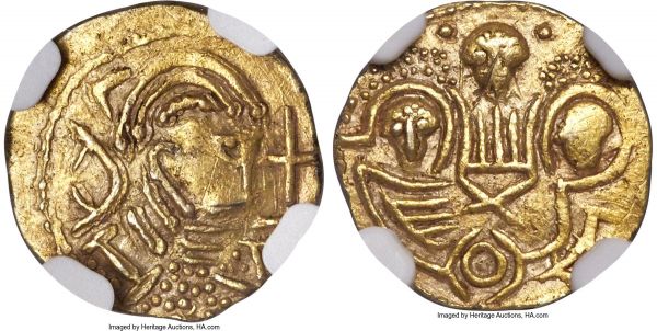 Lot 30333 > Early Anglo-Saxon. Post-Crondall Period gold Thrymsa ND (655-675) AU53 NGC, S-767, N-20 (VR), Metcalf-79-80, EMC-2019.0002 (this coin). 1.02gm. Two Emperors type. Diademed bust right, cross on stand above 