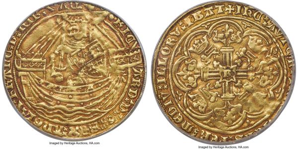 Lot 30334 > Richard II gold Noble ND (1377-1399) VF35 PCGS, London mint, Fr-100, S-1654, N-1302. We cannot be fully certain of the Spink attribution, as the annulet over the sail is only partially discernible. Significant evidence of circulation but nonetheless quite attractive, exhibiting a hearty auburn color throughout and surprisingly mark-free surfaces. 