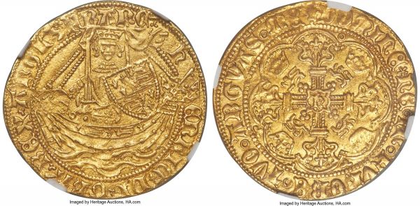 Lot 30335 > Henry VI (1st Reign, 1422-1461) gold 1/2 Noble ND (1422-1430) MS61 NGC, London mint, S-1805, N-1417. 3.47gm. Annulet Issue. An impressive piece, evenly struck and retaining mint luster after nearly six centuries. The reverse in particular displays an exceptionally strong strike, the ornate central design presented to its fullest potential on a background of delicate sun-yellow.