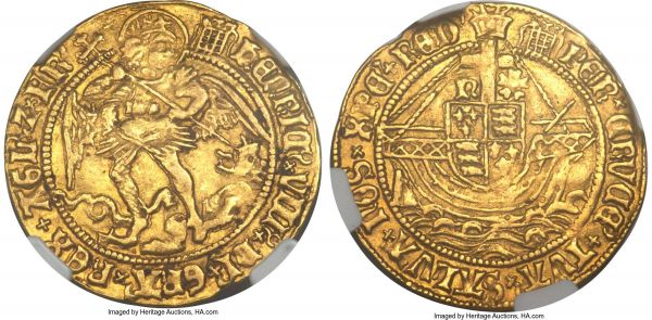 Lot 30336 > Henry VIII (1509-1547) gold Angel ND (1509-1526) AU55 NGC,  Tower mint, Portcullis Crowned mm, S-2265, N-1760. 1st Coinage of 1509-26. A pleasing selection struck on a broad flan absent of any cracks, with nice surfaces, the central motifs fairly well detailed, the legends wonderfully sharp and easy to read, and with old-gold reddish toning. An excellent example of the type.  Ex. Heritage Signature Auction 3030 (January 2014, Lot 24065)