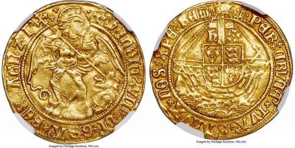 Lot 30337 > Henry VIII (1509-1547) gold Angel ND (1509-1526) AU55 NGC, Tower mint, Tower mm, S-2265, N-1760. 5.02gm. A lightly circulated specimen with even shallow wear to the highpoints, areas of weakness to the designs due to a somewhat wavy flan but an otherwise bold coverage of striking detail. 