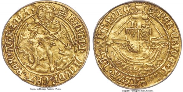 Lot 30338 > Henry VIII (1509-1547) gold Angel ND (1509-1526) XF40 NGC, Tower mint, Portcullis mm, S-2265, N-1760. Slightly wavy flan and with some speckled die rust, otherwise an evenly and shallowly worn piece with clear details and a satisfying overall appearance. 