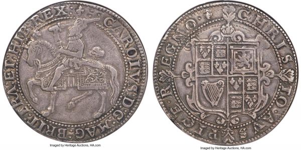 Lot 30340 > Charles I Crown ND (1625-1626) VF35 NGC, Tower mint, KM125, Dav-3761, S-2753, N-2190. 29.57gm. A tad weakly struck on the obverse figure on horseback, yet overall quite pleasing in appearance; nary a distracting mark to be found in the clean, uniform gunmetal-grey fields, with a hint of luster retained around the perimeter. Uncommon to be found on such a round and flawless planchet.