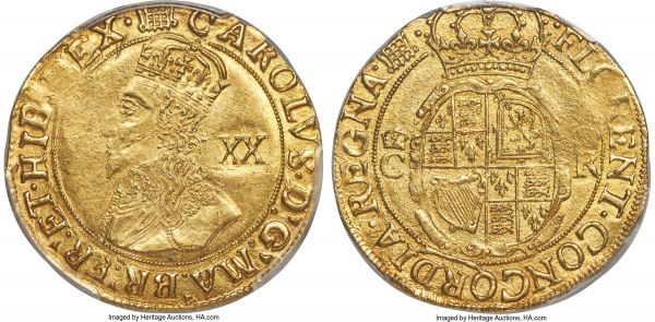 Lot 30341 > Charles I gold Unite ND (1633-1634) AU58 PCGS, Tower mint under the King, Portcullis mm, KM153, S-2692, N-2153. 9.03gm. Fourth bust of Charles I left with unjewelled crown / Crowned quartered oval shield of arms, crowned 