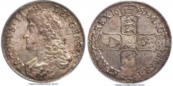 Lot 30342 > James II Crown 1687 MS63+ PCGS, KM463, ESC-743, S-3407. TERTIO edge. Among the finest survivors extant of this popular 17th century crown, showcasing a gray and olive base of tone on both sides, with an array of attractive multicolored iridescence that caresses much of the raised design. Shimmering luster of unexpected quality for a coin of this period further enlivens the surfaces. Closer inspection reveals no grade-limiting marks, although some striking softness on James' hair, a characteristic which is common for the type, is observed. All considered, a coin that is easily worthy of inclusion in a elite set of crowns.