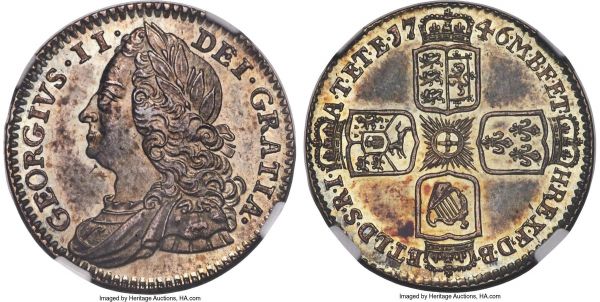 Lot 30343 > George II Proof 6 Pence 1746 PR64 NGC, KM582.2, S-3711, ESC-1619. Engrailed edge. Lovely rich greenish-yellow toning with hints of deep red cascading over watery surfaces. Rare so choice and desirable as a representative of Great Britain's first Proof set.