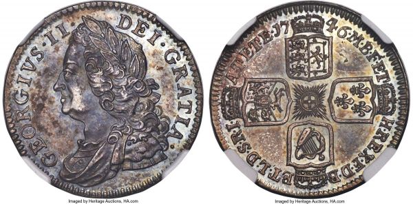 Lot 30344 > George II Proof Shilling 1746 PR62 NGC, KM583.3, S-3704, ESC-1208. From a supposed mintage of only 100 pieces and hailing from Britain's first Proof set. A sheen of blueish-yellow tone coats the glossy surfaces of this piece, only slight cabinet friction on the high points of the design preventing a higher designation.