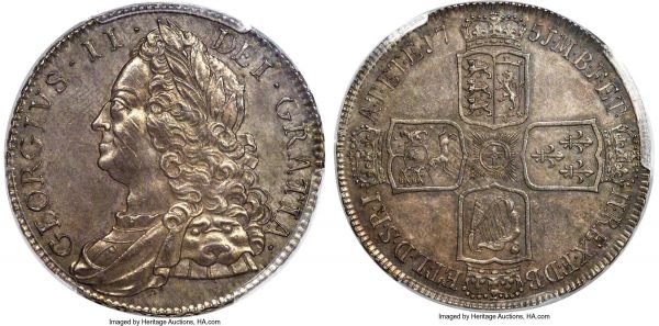 Lot 30346 > George II Crown 1751 MS62 PCGS, KM585.2, S-3690, Dav-1351. V. QVARTO edge. Rare at this level of preservation, this gunmetal-grey piece exhibits a deep cabinet tone with glossy underlying luster. A few light adjustment marks are noted on his cheek, but they are common for the type and do not majorly distract from the overall appearance. The finest example of the date we have had the privilege to offer.
