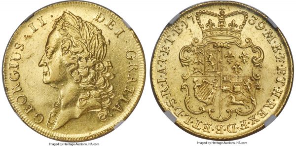 Lot 30347 > George II gold 2 Guineas 1739 AU53 NGC, KM578, S-3668. A bright canary-yellow example of this scarce issue often found with tooling or other problematic surface alterations. Struck on a slightly convex planchet, lending the bust an almost three-dimensional appearance.