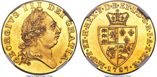 Lot 30348 > George III gold Proof Guinea 1787 PR60 NGC, KM609, S-3729, W&R-104. Highly reflective and quite attractive despite the grade, this piece shines with a pleasant honey-golden color. As the surfaces are relatively exempt from distracting contact marks and hairlines, it would seem that the assigned grade was given due to the evident light friction appearing on the high points throughout. Light mechanical doubling is visible as a result of the piece having been struck twice. An interesting piece and worthy of examination.