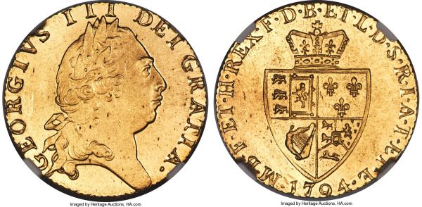 Lot 30349 > George III gold Guinea 1794 MS65 NGC, KM609, S-3729. The single highest graded example of this date by NGC or PCGS - an immaculate gem with scintillating luster, not a hint of circulation wear nor bagmarks marring its gorgeous surfaces. The later spade Guineas of George III are not uncommon in Mint State, but in this exceptional condition are near-impossible to find. A conditionally unique selection with captivating eye appeal. 