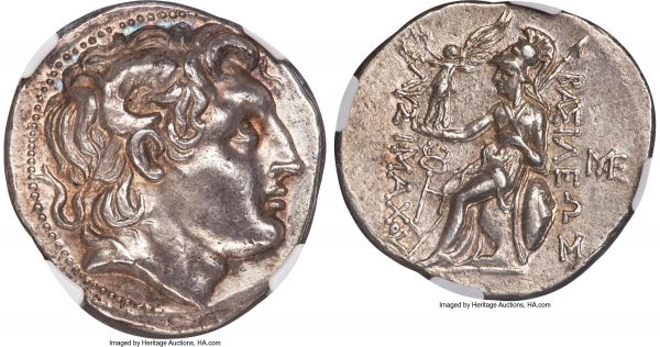 Lot 30035 > THRACIAN KINGDOM. Lysimachus (305-281 BC). AR tetradrachm (31mm, 17.31 gm, 4h). NGC AU 5/5 - 4/5, die shift. Amphipolis, ca. 288-282 BC. Diademed head of deified Alexander III right, with horn of Ammon; dotted border / ΒΑΣΙΛΕΩΣ / ΛΥΣΙΜΑΧΟΥ, Athena enthroned left, Nike in right hand crowning royal name, resting left arm on shield with gorgoneion boss, transverse spear beyond; caduceus with handle in inner left field, MYE monogram in outer right field. Müller 105. Thompson 194.  Ex Numismatic Fine Arts, Auction XXVIII (23 April 1992), lot 606