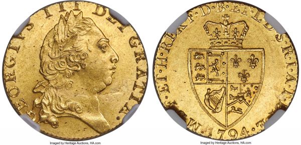 Lot 30350 > George III gold Guinea 1794 MS63 NGC, KM609, S-3729. A bright, attractively toned example of the type, with a some flan irregularity in the field to the right of George's neck.