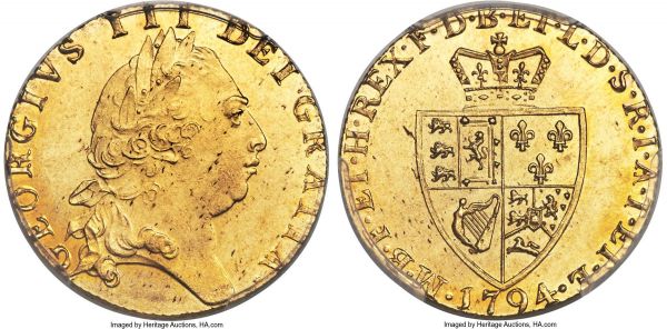 Lot 30351 > George III gold Guinea 1794 MS63 PCGS, KM609, S-3729. 