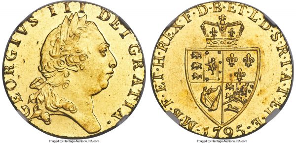 Lot 30352 > George III gold Guinea 1795 MS63 NGC, KM609, S-3729. Some light marks, otherwise unscathed and with especially sharp striking detail. Premium even for its choice grade, and a harder-to-find date in this condition. 