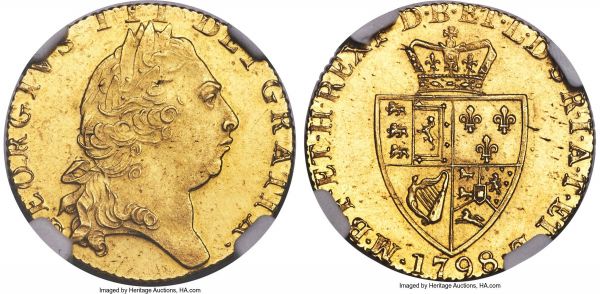 Lot 30353 > George III gold Guinea 1798 MS64 NGC, KM609, S-3729. A lustrous near-gem, surfaces glowing with satiny sun-yellow and with only a smattering of contact marks restricting it from achieving a higher certified grade. Lightly reflective fields introduce a light contrast to the devices, bolstering the eye appeal on this type struck on shallow dies.
