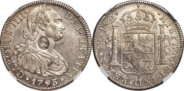 Lot 30354 > George III Counterstamped Bank Dollar ND (1797-1799) MS63 NGC, KM634, S-3765A. Counterstamp (UNC Standard). Oval counterstamp depicting George III on Mexico City mint 8 Reales 1793 Mo-FM of Charles IV. A fantastic piece in unusually choice quality for any counterstamped George III issue, retaining full luster and exceptional surfaces. The counterstamp is fully struck as well, details of the hair and drapery evident despite the miniscule size of the stamped portrait.