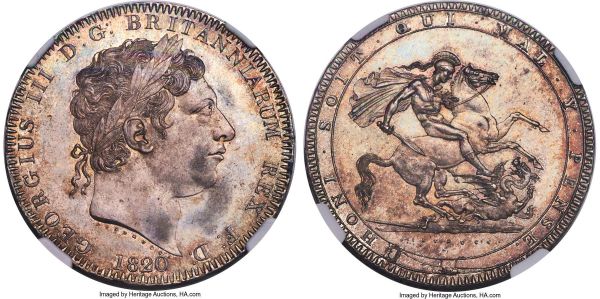 Lot 30355 > George III Crown 1820-LX MS65 NGC, KM675, S-3787. LX edge. Underrated and highly elusive as a gem, this crown exhibits eye-appeal that should draw enthusiasm from the collector of originality, presenting a sublime arrangement of olive, russet-gold and blue-green patina over the entirety of the surfaces. Full detail compliments the strike and nary a mark is observed at arms-length inspection.