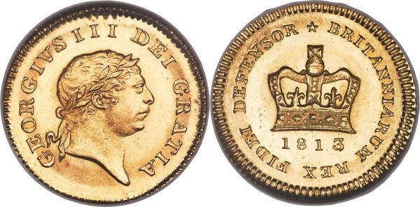 Lot 30356 > George III gold 1/3 Guinea 1813 MS65 NGC,  KM650, S-3740. An enticing gem representative of this final-year denomination, after which the 1816 Great Recoinage reintroduced silver into widespread circulation thus negating the need for such a specific Guinea fraction. Fabulous for its visual appeal, both obverse and reverse split into concentric circles of frosted matte luster and brilliant Prooflike reflectivity, George's portrait needle-sharp and without wear. Amongst the finest of this type available to commerce. Ex. Cheshire Collection