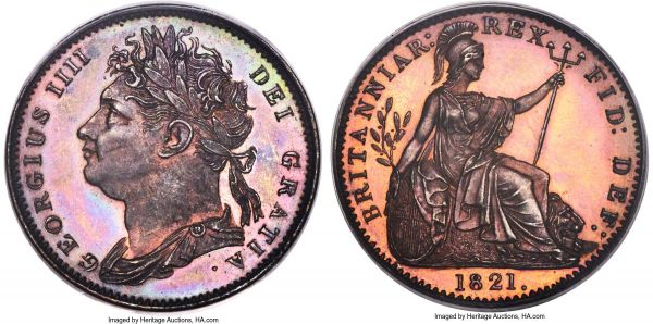 Lot 30358 > George IV Proof Farthing 1821 PR65 Red and Brown PCGS, KM677, S-3822, Peck-1408. A superb gem from the elusive 1821 Proof set. Extraordinary eye appeal, mirrored fields surrounding central devices with enchanting mauve and green iridescence and a full, deep impression of the dies.
