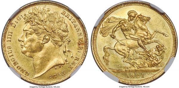 Lot 30360 > George IV gold Sovereign 1821 MS62 NGC, KM682, S-3800. A challenging issue to find in such condition, with vivid sun-yellow surfaces imbued by touches of coppery tone. The reverse in particular is quite attractive, lightly Prooflike in appearance and with nary a distracting mark to be found in the fields.