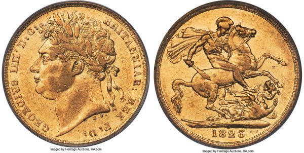 Lot 30361 > George IV gold Sovereign 1823 XF40 PCGS, KM682, S-3800, Marsh-7 (R3). Mintage: 616,770. The key of the George IV laureate bust Sovereign series, its mintage low and most examples melted after significant circulation meaning many prominent collections lack an example today. This specimen shows wear to the highpoints and a speckling of bagmarks in the fields, but remains satisfying to the eye and a presentable specimen of this rare date. 