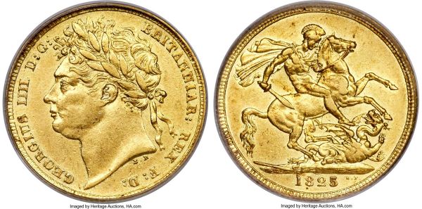 Lot 30362 > George IV gold Sovereign 1825 XF45 PCGS, KM682, S-3800. Laureate head type. Sun-gold with a tinge of wholesome burnt orange, the strike full and the details quite strong for the assigned grade.