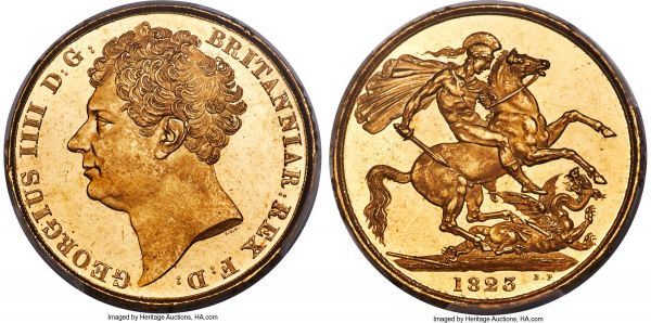 Lot 30363 > George IV gold 2 Pounds 1823 MS63+ PCGS, KM690, S-3798. A significant one-year issue that exudes freshness, showing untoned surfaces the color of honey and booming luster that leaps from the reflective recesses. A number of trivial contact marks are noted, although they pale in comparison to the bold, central images that easily dominate the eye, thus confirming the coveted plus designation by PCGS for superior quality. Infrequently offered so fine, and commanding of a premium as such.