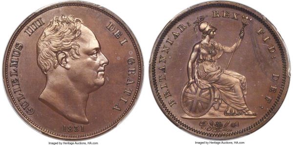 Lot 30364 > William IV bronzed copper Proof Penny 1831 PR66 PCGS, KM707a, S-3845, Peck-1457. No initials on truncation, coin rotation. From the George IV coronation coin set. Reddish-brown patina, with bold devices and deeply mirrored fields. A resplendent Proof example with superb eye-appeal. None have been certified finer.
