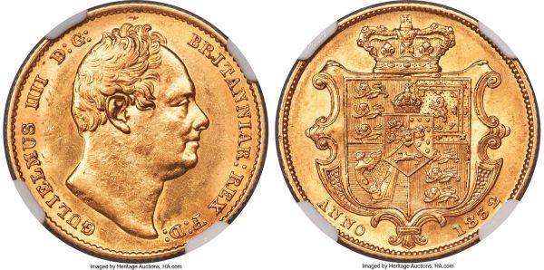 Lot 30365 > William IV gold Sovereign 1832 MS61 NGC, KM717, S-3829B. William IV sovereigns are particularly scarce to find in any grade; many examples remained in circulation for decades before being melted down when they became too worn. Mint State examples such as the present example are downright rare and can be expected to attract considerable attention when offered for sale. The issue is notably weakly struck, the lock of hair above the ear on this piece revealing it as no exception. However, the full mint luster and strong strike of the reverse reveals the designation of Mint State as fully accurate.