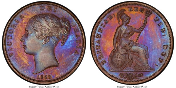Lot 30366 > Victoria bronzed Proof Penny 1839 PR66 PCGS, KM739a, S-3948. A stunning example from Victoria's coronation Proof set, its dominant planchet color one of a sleek chocolate brown; however, when tilted in the light it yields an abundance of iridescent colors. Blazing magenta tone punctuated by spears of rich cobalt flooding the fields, a red-gold haze residing in the centers, Victoria's portrait picked out in an ethereal blue glow. Tied for the finest certified by NGC or PCGS, and surely unmatched for visual appeal. 