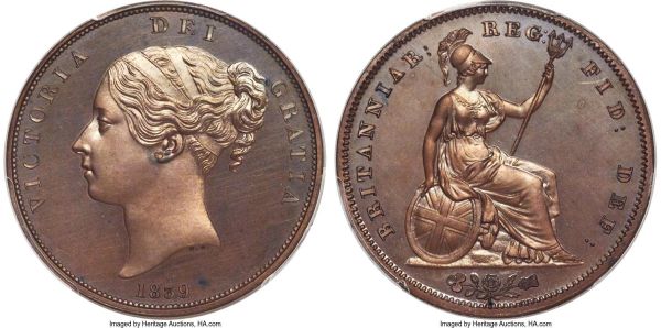 Lot 30367 > Victoria bronzed copper Proof Penny 1839 PR65 PCGS, KM739a, S-3948. A magnificent example of this popular issue, its surfaces a uniform chocolatey brown and with only a couple of spots here and there accounting for what could otherwise be a higher grade, given the noticeable lack of surface marks. Certainly one of the finer extant examples of the type.
