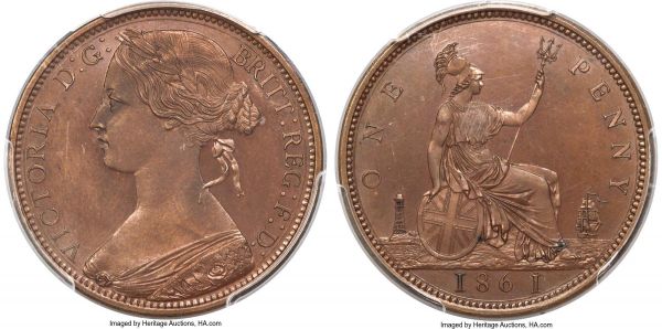 Lot 30368 > Victoria bronzed copper Proof Penny 1861 PR66 Brown PCGS, KM749.2, S-3954, Freeman-36 (R17). Unsigned beneath bust, with 16 leaves in laurel wreath. Immaculate quality, with the bronzing evenly accomplished, and fields that remain deeply mirrored and free of handling or spotting. Some recutting is noted on the second 