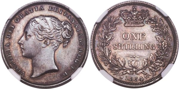 Lot 30369 > Victoria Shilling 1854 AU55 NGC, KM734.1, S-3904. An intriguing example of this already rare date possessing a singular appearance, exhibiting uniformly raised rims and almost Prooflike qualities throughout.