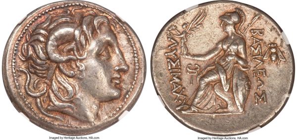 Lot 30037 > THRACIAN KINGDOM. Lysimachus (305-281 BC). AR tetradrachm (31mm, 17.22 gm, 11h). NGC Choice XF S 5/5 - 4/5. Amphipolis, 288-282 BC. Diademed head of deified Alexander III right, with horn of Ammon / ΒΑΣΙΛΕΩΣ / ΛΥΣΙΜΑΧΟΥ, Athena enthroned left, Nike in right hand crowning royal name, resting left arm on grounded shield decorated with gorgoneion head boss, transverse spear beyond; caduceus in inner left field, bee seen from above in outer right field. Thompson, Essays Robinson, 190.  Ex Harlan Berk, private sale with old dealer tag