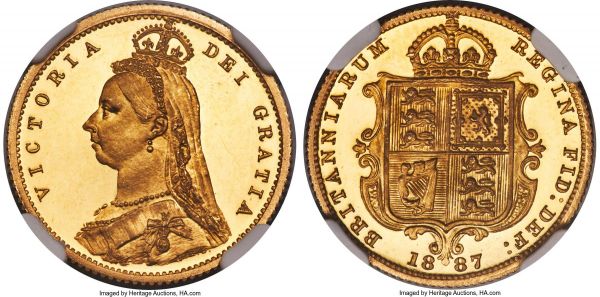 Lot 30373 > Victoria gold Proof 1/2 Sovereign 1887 PR66 Ultra Cameo NGC, KM766, S-3869, W&R-362. A lovely gem, with simply magnificent watery surfaces and a fantastic cameo effect against the chiseled and heavily frosted devices. Seldom seen at this elite level of preservation, this is an all-around great coin that we suspect will find itself in the collection of a true connoisseur. Ex. Murdoch Collection