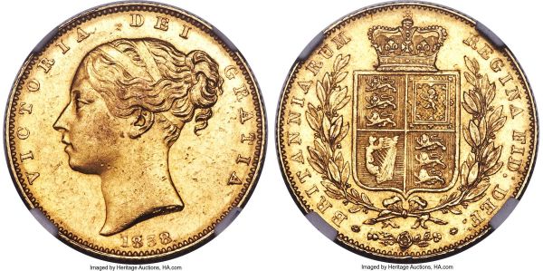 Lot 30375 > Victoria gold Sovereign 1838 MS60 NGC, KM736.1, S-3852. A notable rarity within the British Sovereign series, the first year of issue for Victoria's coinage and seldom represented in higher grades. This piece exhibits light highpoint friction and bagmarks in the fields in line with the grade, yet its eye appeal is certainly above what one would expect for its certification with abundant mint luster and an excellent strike. 