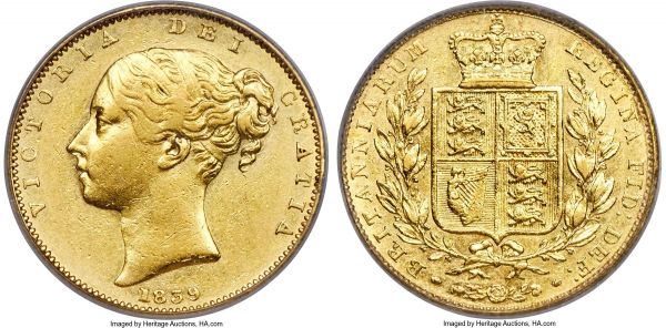 Lot 30377 > Victoria gold Sovereign 1839 XF45 PCGS, KM736.1, S-3852, Marsh-23 (R2). Mintage: 503,695. Arguably rarer than Victoria's 1838 Sovereign, as fewer collectors retained this second-year type and thus most of its low mintage entered circulation and were subsequently recycled over the following decades. Moderately worn to the highpoints of the portrait, the reverse far better than the obverse with considerable luster and AU-quality details. A wholly pleasing representative of this scarcer date. 