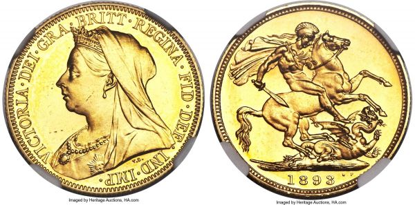 Lot 30379 > Victoria gold Proof Sovereign 1893 PR64 NGC, KM785, S-3874. From a mintage of just 773 pieces. Scarce so choice and very nearly Cameo, only held back by a light weakness of frost on the obverse portrait. Nicely sun-yellow with just a hint of sunset orange in the fields. A few contact marks in the obverse fields place this piece within the parameters of the assigned grade.
