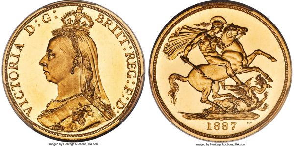 Lot 30380 > Victoria gold Proof 2 Pounds 1887 PR64+ Deep Cameo PCGS, KM768, S-3865, W&R-290. A magnificent example of this scarce type with a mintage of only 797 pieces. Highly reflective fields and razor-sharp frosted devices, with only a scattering a hairlines preventing it from achieving gem status.