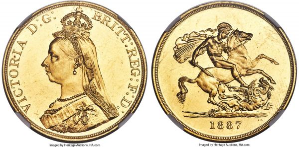 Lot 30382 > Victoria gold 5 Pounds 1887 MS62 Prooflike NGC, KM769, S-3864. The all-popular Jubilee issue, offered with unmistakable reflectivity that provides heavy contrast to the fields and raised illustrations that are draped in a layer of frost, all of which confirm the Prooflike appellation. A number of grade-aligning, post-strike blemishes are noted in the wide-open expanses, but this massive selection as a whole still manages to wow at every turn. An engaging coin in a preferred level of presentation, sure to impress even the most sophisticated collector of British gold.